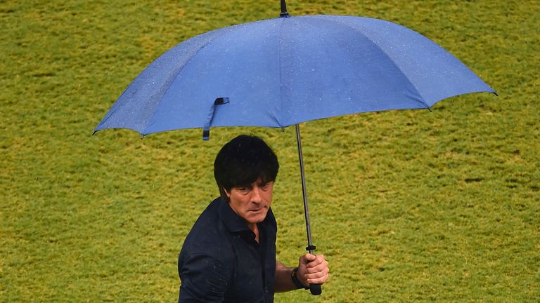 RECIFE, BRAZIL - JUNE 26:  Head coach Joachim Loew of Germany looks on in the rain prior to the 2014 FIFA World Cup Brazil group G match between the United