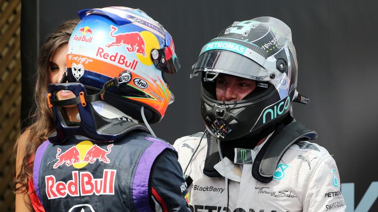 Daniel Ricciardo is congratulated by Nico Rosberg