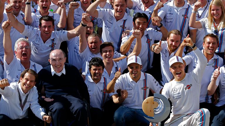 Frank Williams and the team celebrates third place for Valtteri Bottas