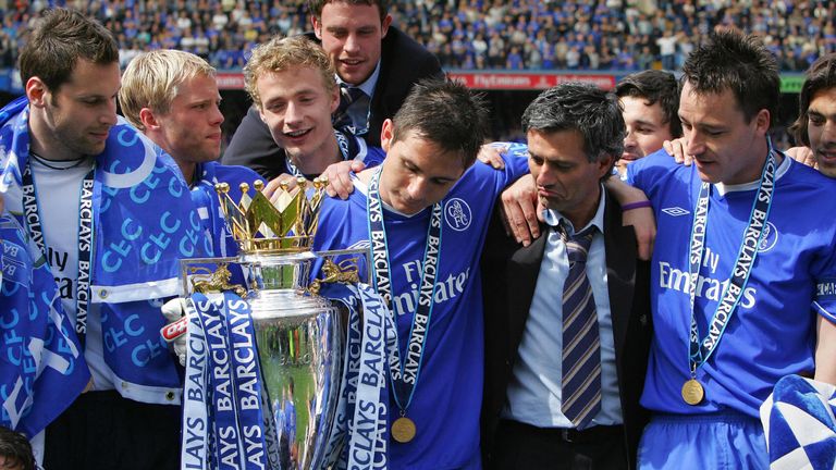 Frank Lampard lifts the Premier League trophy with Chelsea in 2005