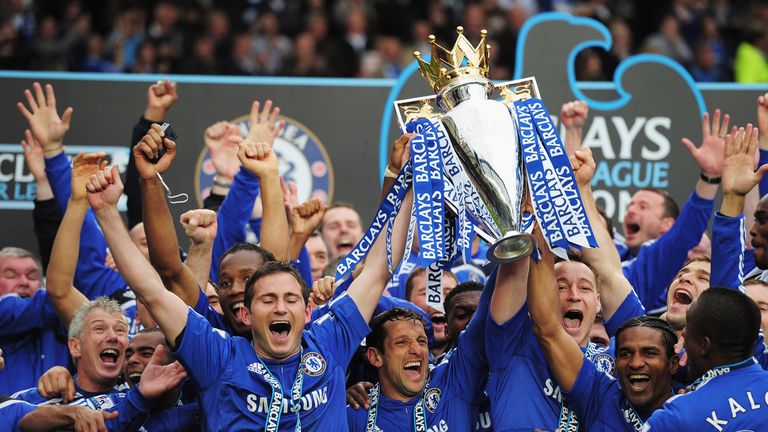 Frank Lampard lifts the 2010 Premier League title with John Terry