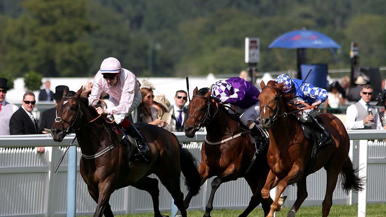 Domination ridden by Fran Berry (left) before winning the Ascot Stakes during Day One of the 2014 Royal Ascot Meeting at Ascot Racecourse, Berkshire.
