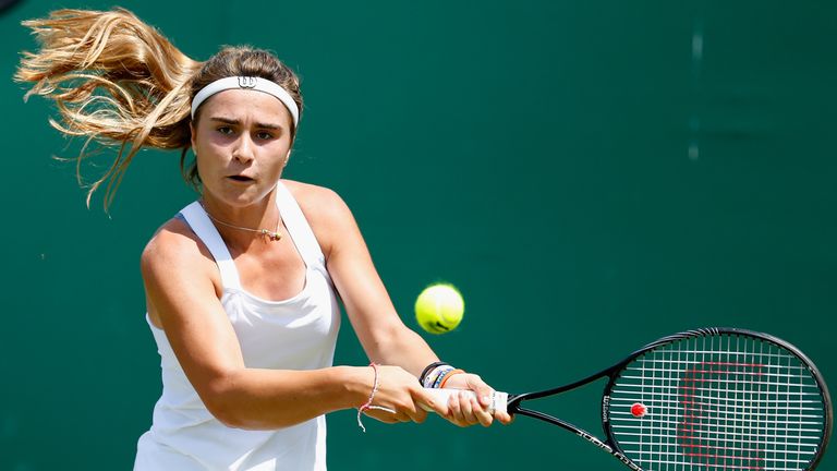 Gabriella Taylor in action during her first round Wimbledon qualifying match