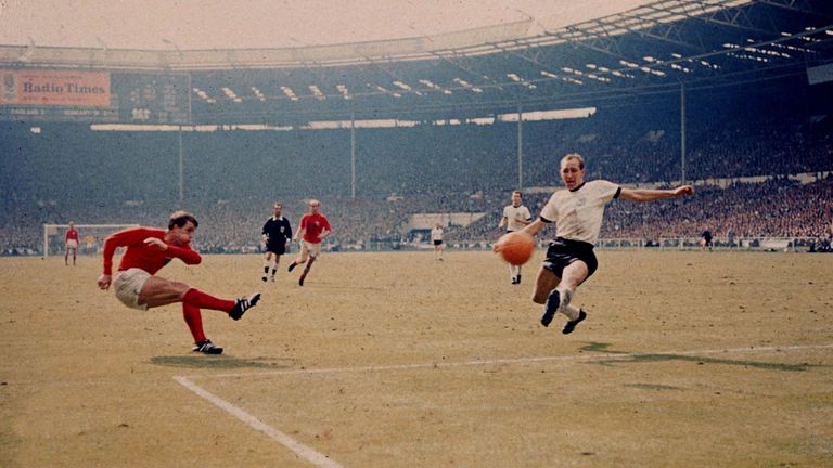 30th July 1966:  Geoff Hurst scores England's third goal against West Germany in the World Cup final at Wembley Stadium. The goal, awarded upon the judgeme