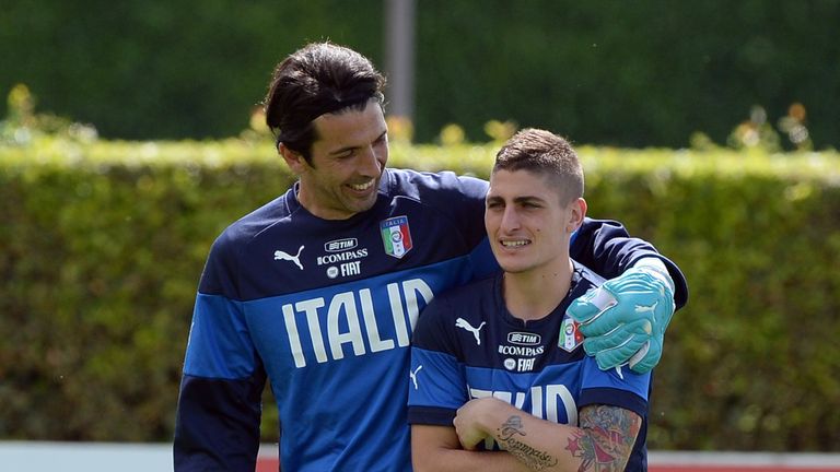 FLORENCE, ITALY - MAY 28:  Gianluigi Buffon (L) and Marco Verratti of Italy joke during a training session at Coverciano on May 28, 2014 in Florence, Italy