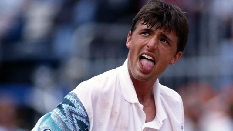 Goran Ivanisevic of Croatio pokes out his tongue during the Men's Singles semi final match defeat against Sergi Bruguera