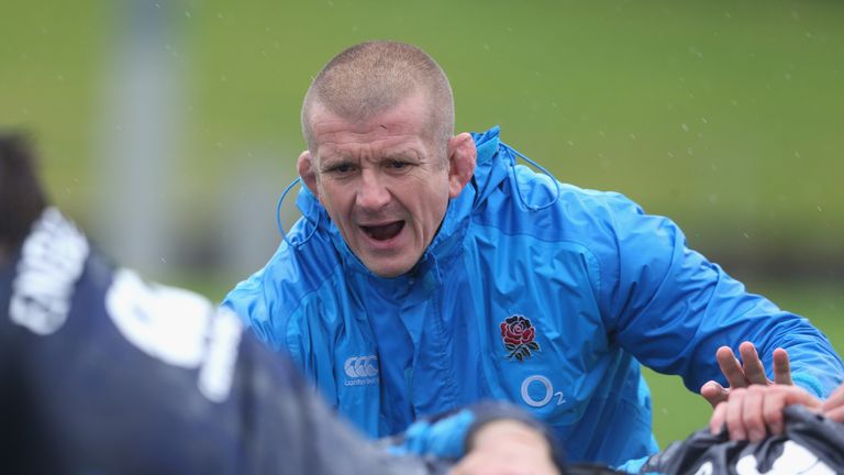 Graham Rowntree, the England forwards coach looks on during the England training session at the Onewa Oval 