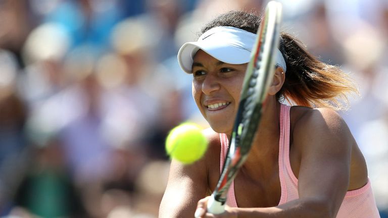 Heather Watson of Great Britain returns against Madison Keys of USA during their singles match on day seven of the Aegon International