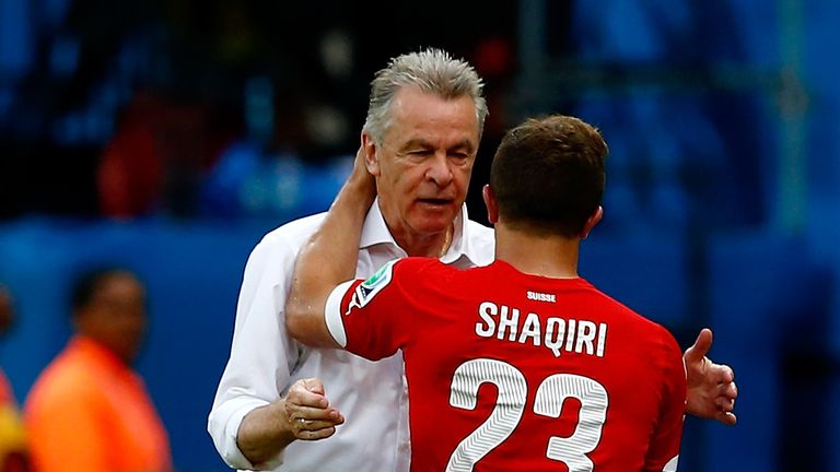 MANAUS, BRAZIL - JUNE 25:  Xherdan Shaqiri of Switzerland is greeted by head coach Ottmar Hitzfeld after being substituted v Honduras, World Cup
