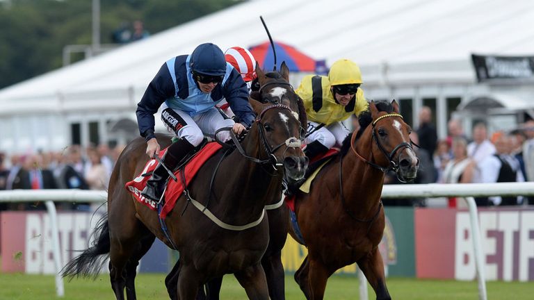 Danzeno ridden by Andrew Mullen (left) win the Betfred TV Chipchase Stakes during the John Smith's Northumberland Plate Day at Newcastle Racecourse. PRESS 