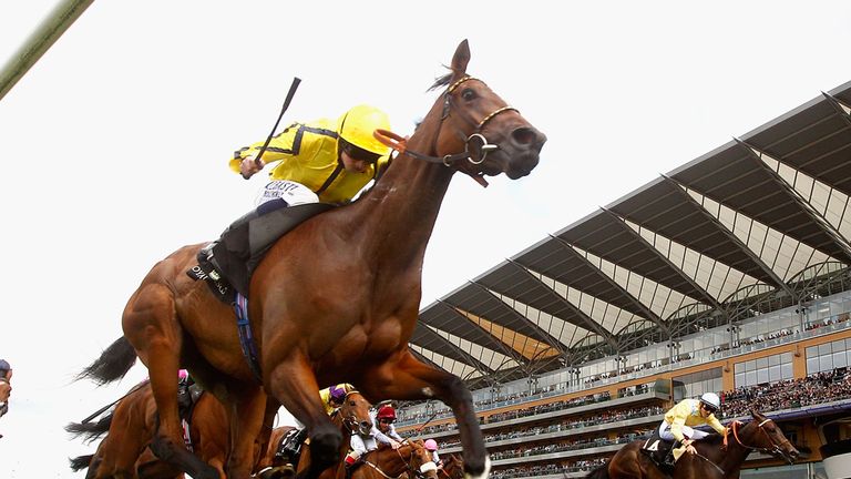 ASCOT, ENGLAND - JUNE 20:  Jockey Ryan Moore (C) riding Rizeena wins the Coronation Stakes during day four of Royal Ascot at Ascot Racecourse on June 20, 2