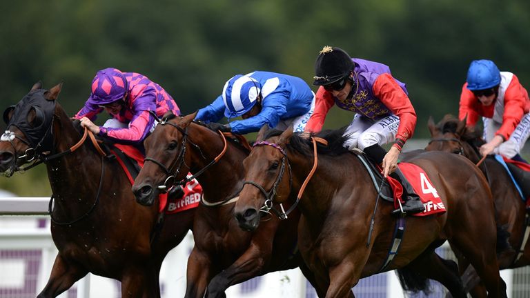 Sea Shanty ridden by jockey Richard Hughes (second right) goes on to win the Betfred 'double Delight' Handicap ahead of Tanseeb ridden by Silvestre De Sous