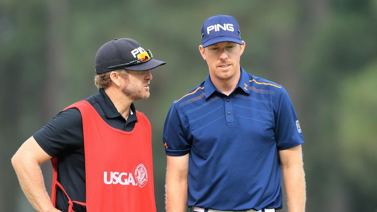 Hunter Mahan and caddie John Wood during the second round of the US Open