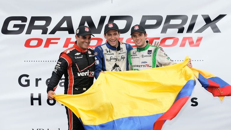 (L-R)  Colombians Juan Pablo Montoyo, Carlos Huertas and and Carlos Munoz pose on the podium together 
