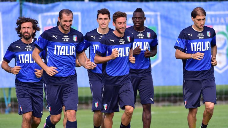 (From L-R) Italy's Andrea Pirlo, Giorgio Chiellini, Matteo Darmian, Claudio Marchisio, Mario Balotelli and Gabriel Paletta training at the World Cup