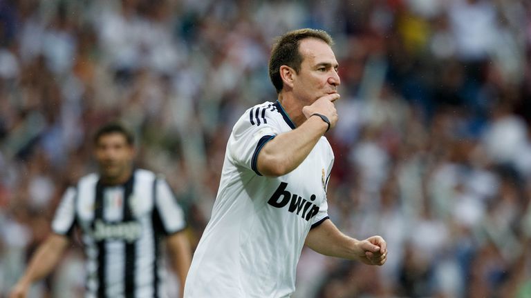 Ivan Perez of Real Madrid Legends celebrates scoring their second goal during the Real Madrid Legends v Juventus Veterans