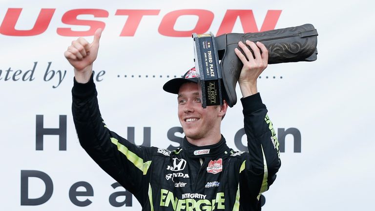 Jack Hawksworth of England celebrates finishing third during the IndyCar Houston Grand Prix 