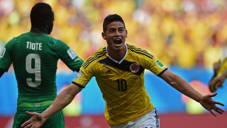 Colombia's midfielder James Rodriguez celebrates scoring during a Group C football match between Colombia and Ivory Coast 