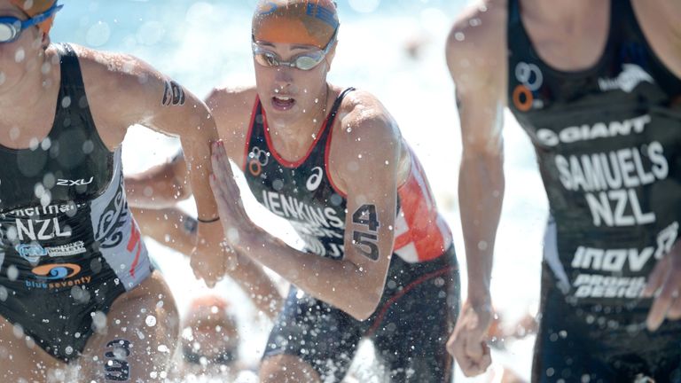 AUCKLAND, NEW ZEALAND - APRIL 06: In this photo released by the International Triathlon Union, Great Britain's Helen Jenkins exits the swim during the the 