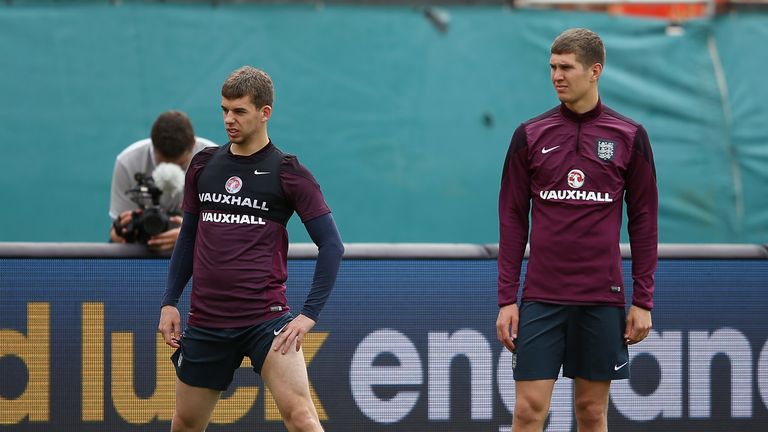 Jon Flanagan and John Stones in action during an England training session at The Sunlife Stadium on June 3, 2014 in Miami