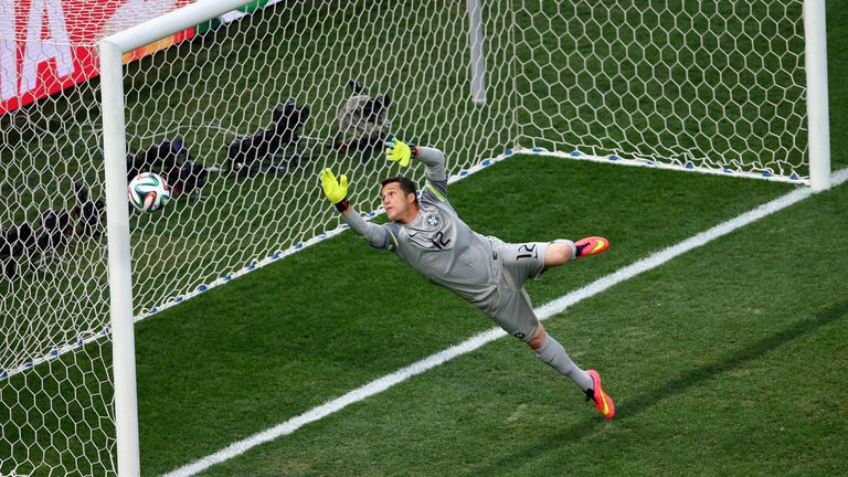 Julio Cesar of Brazil tries to make a save in the first half during the 2014 FIFA World Cup Brazil Group A match between Brazil and Croatia