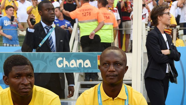 Kwesi Appiah watches on during Ghana's 2-2 Group G draw with Germany at the 2-14 World Cup