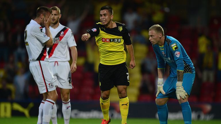 WATFORD, ENGLAND - AUGUST 28:  Cristian Battocchio of Watford celebrates as Elliott Ward (L) heads into his own goal during the Capital One Cup second roun