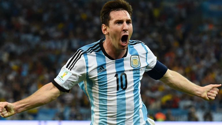 Lionel Messi of Argentina celebrates after scoring his team's second goal against Bosnia