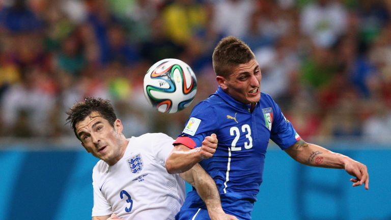 Marco Verratti of Italy and Leighton Baines of England go up for a header during the 2014 FIFA World Cup Brazil Group D match
