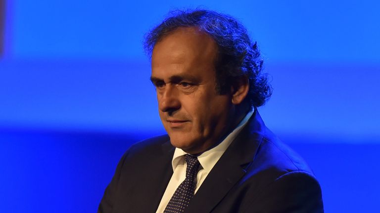 President of UEFA Michel Platini stands on the stage during the opening ceremony of the FIFA Congress in Sao Paulo on June 10, 2014