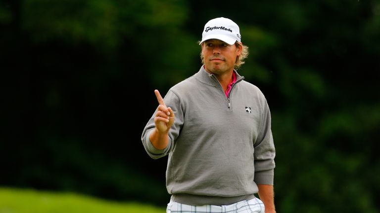 Mikael Lundberg of Sweden gestures during the Lyoness Open day one at the Diamond Country Club
