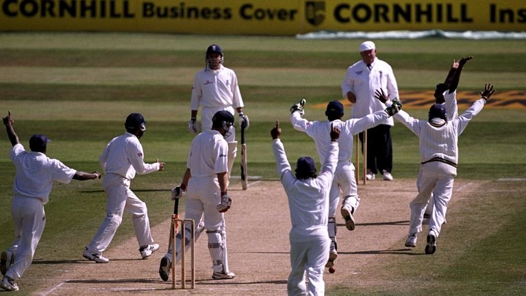 31 Aug 1998:  Muttiah Muralitharan celebrates the wicket of Ian Salisbury. Sri Lanka v England, The Oval.