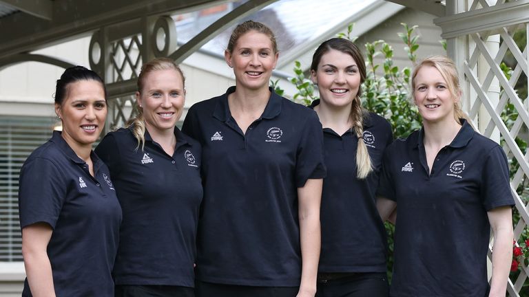 AUCKLAND, NEW ZEALAND - JUNE 10:  (L-R) Members of the New Zealand Netball team, Liana Leota, Laura Langman, captain Casey Kopua, Ellen Halpenny and Shanno