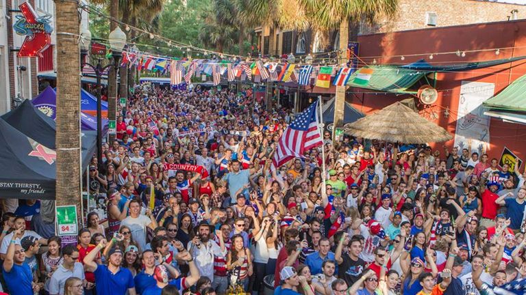 Fans celebrate at Dewey's sports bar in Orlando, Florida.