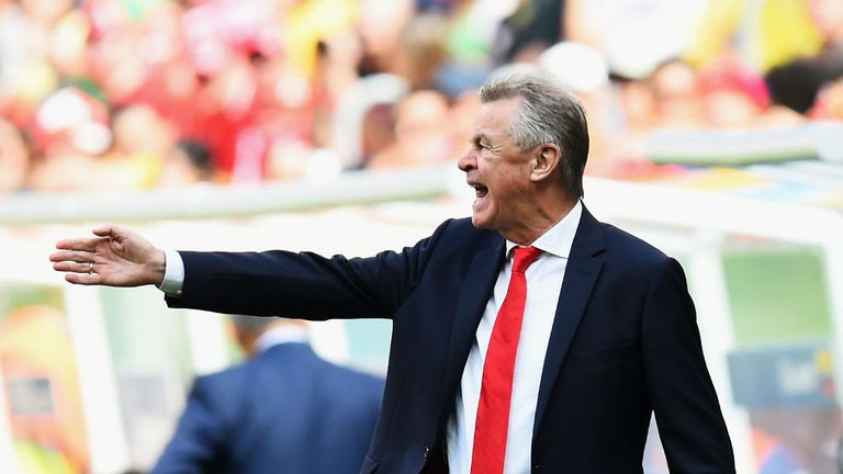 Switzerland boss Ottmar Hitzfeld looks on during the World Cup game against Ecuador