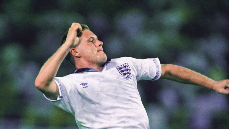 England player Paul Gascoigne celebrates after supplying the ball for David Platt to score the winning goal during the 1990 World Cup match against Belgium