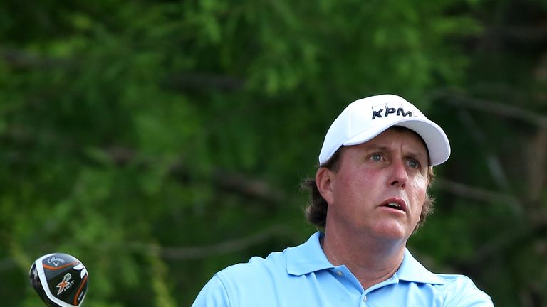 Phil Mickelson watches his tee shot on the 12th hole during the first round of the on June 5, 2014 at TPC Southwind in Memphis