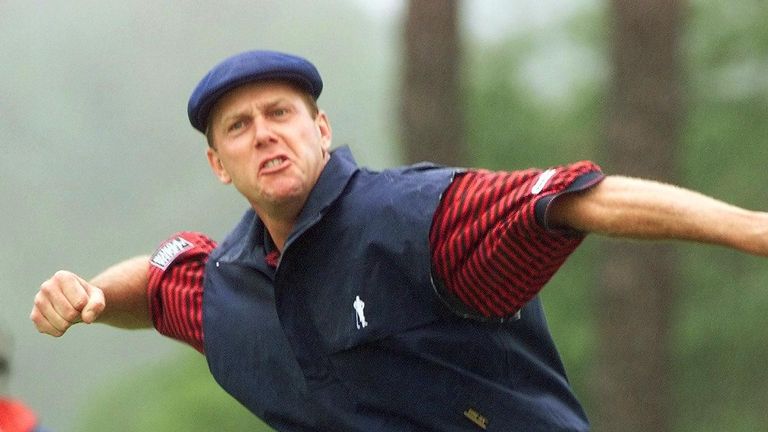 Payne Stewart of the US celebrates after sinking his putt on the 18th green at Pinehurst No. 2 during the final round of the US Open