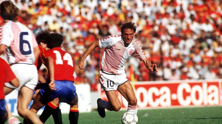 Preben Elkjaer Larsen in action for Denmark against Spain in the 1986 World Cup