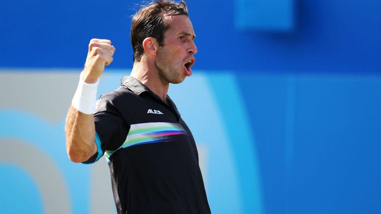 Radek Stepanek of the Czech Republic reacts in his match against Andy Murray of Great Britain