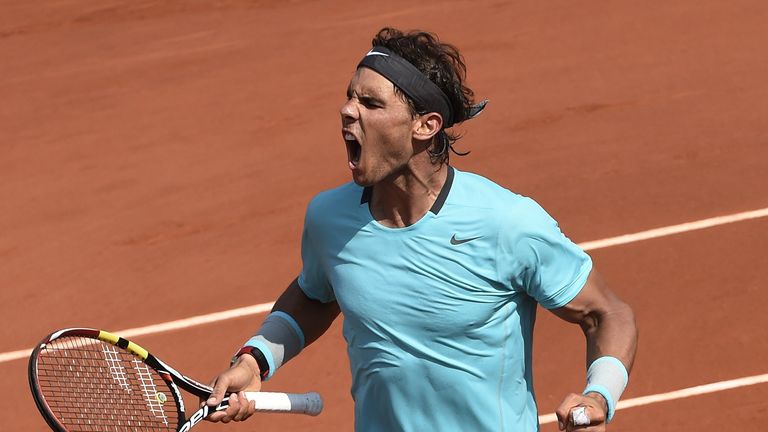 Spain's Rafael Nadal reacts after a point during his French tennis Open men's final match against Serbia's Novak Djokovic at the Roland Garros stadium in P