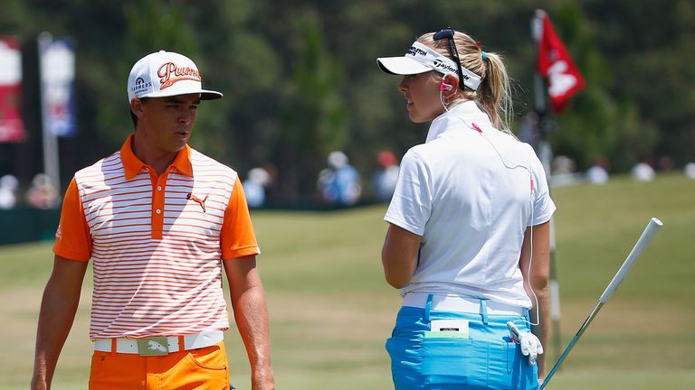 Last week the men, this week the women. Jessica Korda with Rickie Fowler on the practice ground last Sunday.