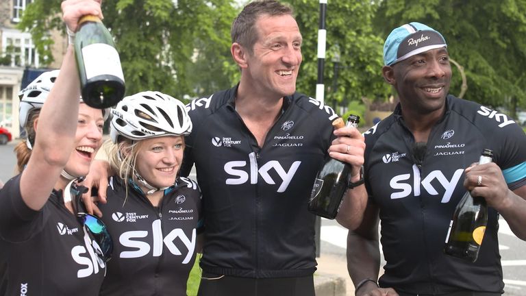 Sarah-Jane Mee, Elise Christie, Will Greenwood and Johnny Nelson celebrate completing stage on of the 2014 Tour de France