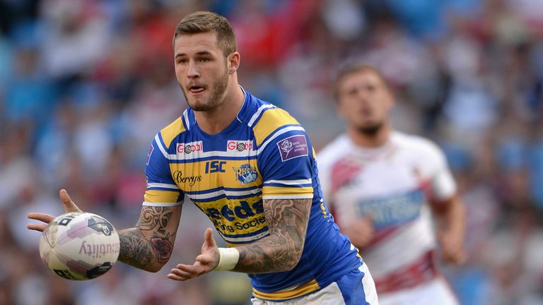 MANCHESTER, ENGLAND - MAY 17:  Zak Hardaker of Leeds Rhinos in action during the Super League match between Wigan Warriors and Leeds Rhinos at Etihad Stadi