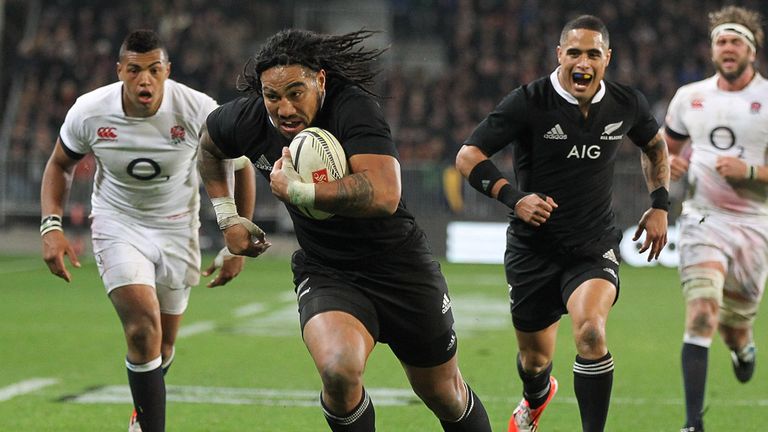 DUNEDIN, NEW ZEALAND - JUNE 14:  Ma'a Nonu of the All Blacks dives over to score a try during the International Test Match between the New Zealand All Blac