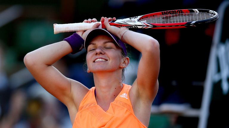 Simona Halep celebrates victory during her women's singles match in the semi-finals of the French Open