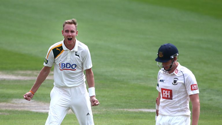 Stuart Broad celebrates the wicket of Luke Wells. Sussex v Nottinghamshire. Hove, June 02 2014.