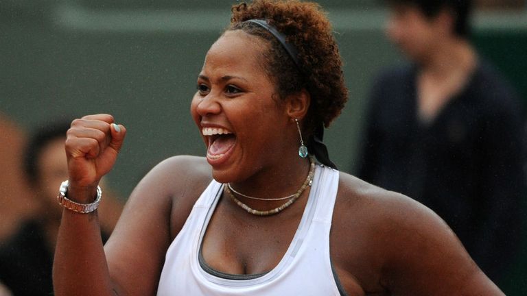 Taylor Townsend celebrates her victory over France's Alize Cornet at the end of their French tennis Open second round match at the Roland Garros