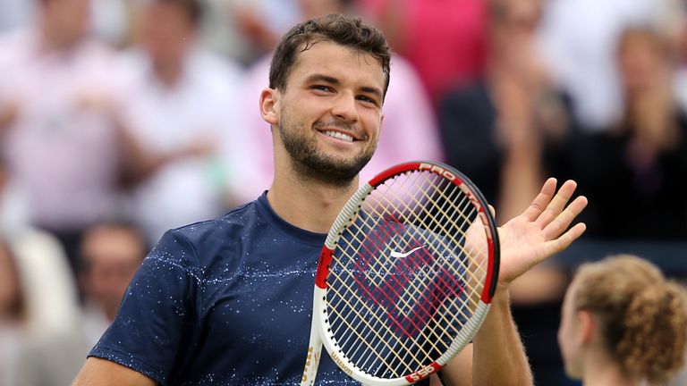 Grigor Dimitrov celebrates defeating Stan Wawrinka during the AEGON Championships at The Queen's Club, London.