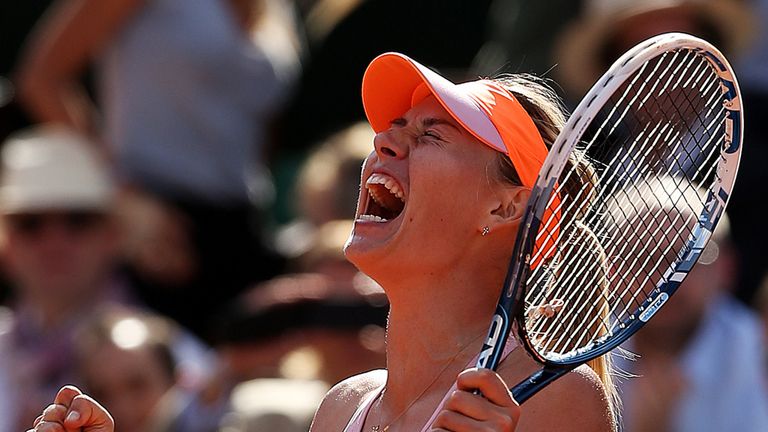 Maria Sharapova celebrates victory over Eugenie Bouchard